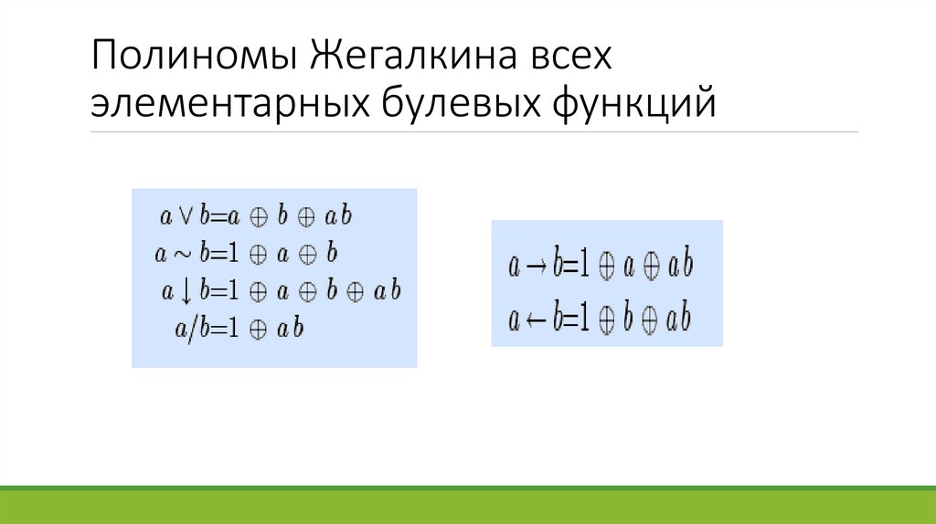Полиномы Жегалкина всех элементарных булевых функций