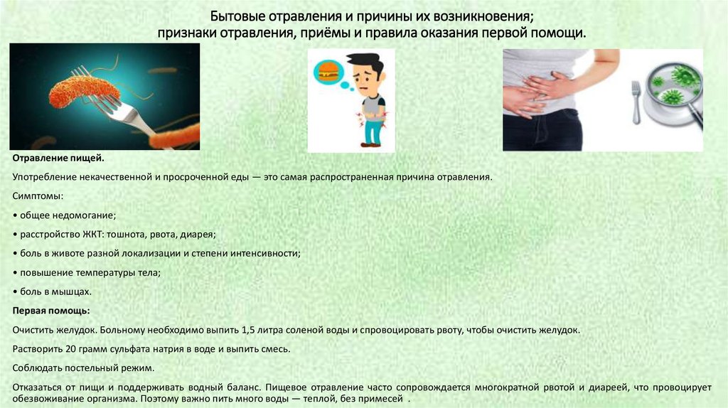 Бытовые отравления и причины их возникновения; признаки отравления, приёмы и правила оказания первой помощи.