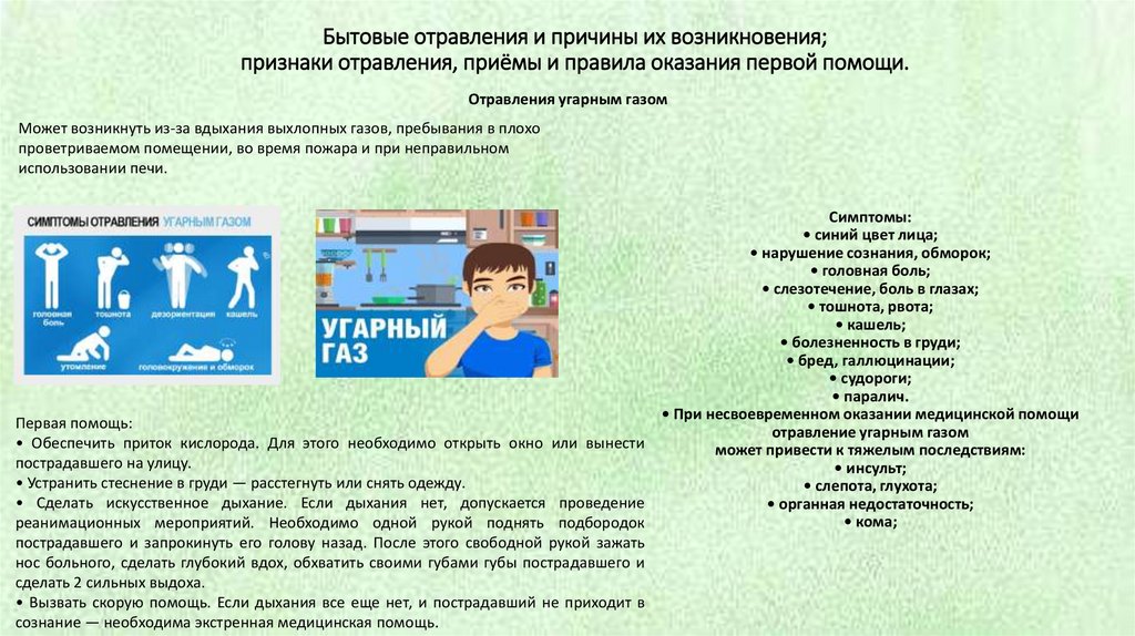 Бытовые отравления и причины их возникновения; признаки отравления, приёмы и правила оказания первой помощи.