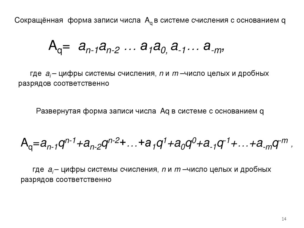 Развернутая форма записи числа Aq в системе с основанием q