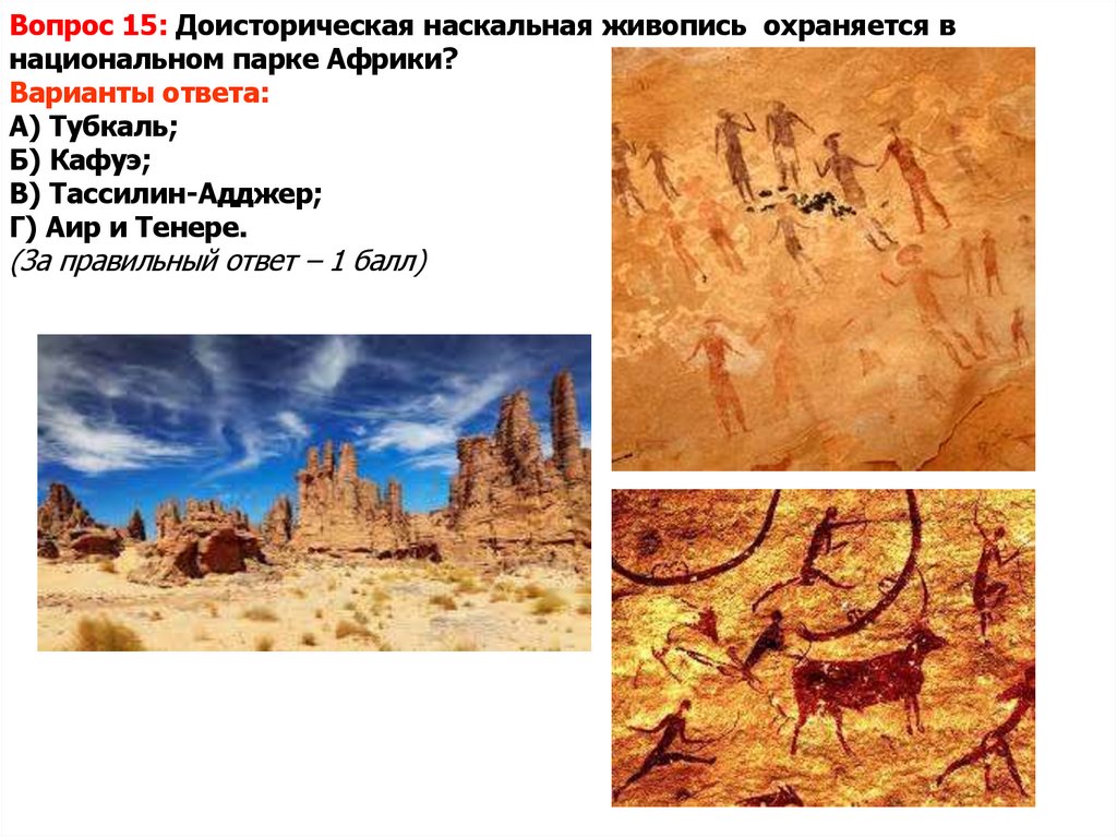 Вопрос 15: Доисторическая наскальная живопись охраняется в национальном парке Африки? Варианты ответа: А) Тубкаль; Б) Кафуэ; В)