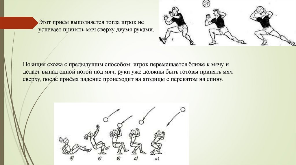 Этот приём выполняется тогда игрок не успевает принять мяч сверху двумя руками.