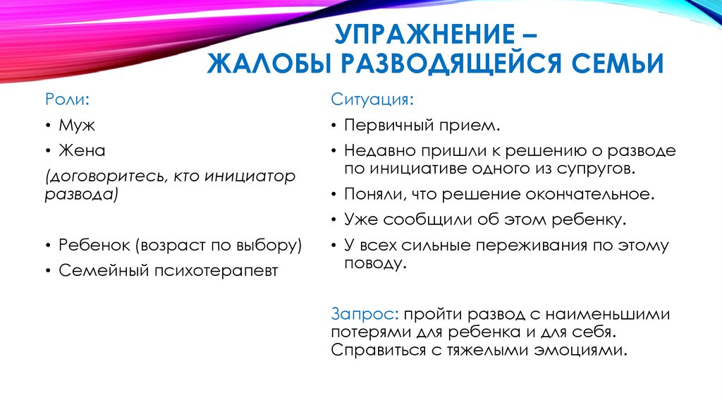 УПРАЖНЕНИЕ – жалобы разводящейся семьи