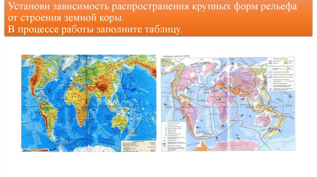 Установи зависимость распространения крупных форм рельефаот строения земной коры. В процессе работы заполните таблицу.