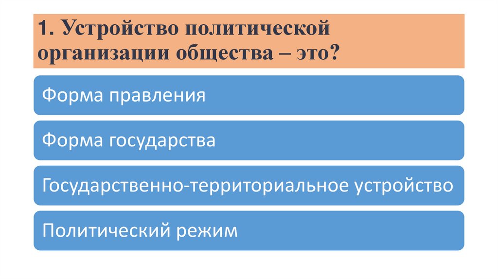 1. Устройство политической организации общества – это?
