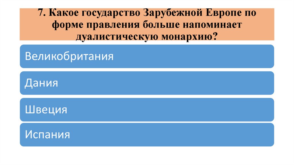 7. Какое государство Зарубежной Европе по форме правления больше напоминает дуалистическую монархию?