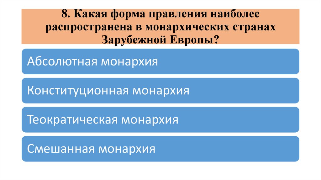 8. Какая форма правления наиболее распространена в монархических странах Зарубежной Европы?