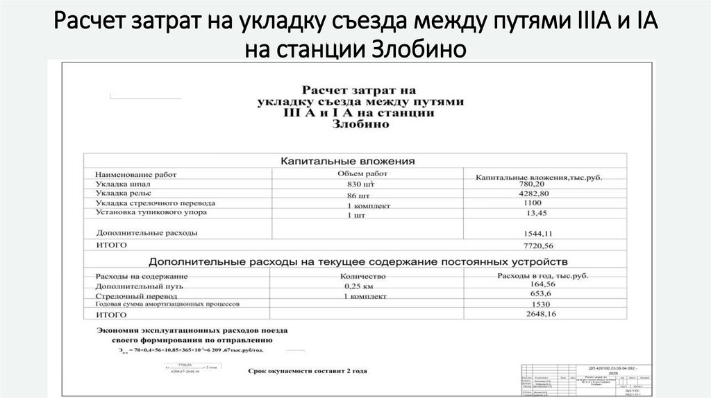 Расчет затрат на укладку съезда между путями IIIA и IA на станции Злобино