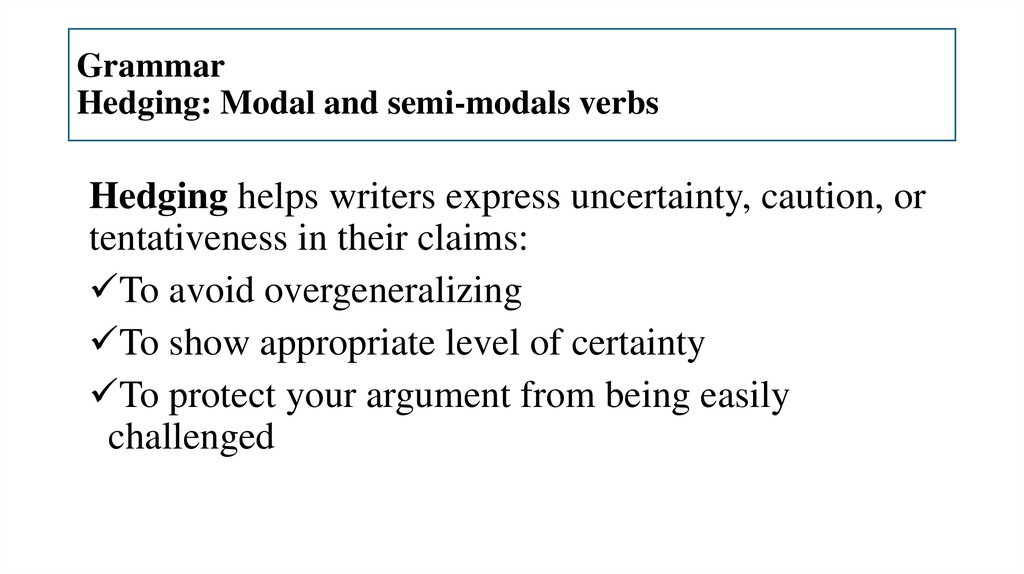 Grammar Hedging: Modal and semi-modals verbs