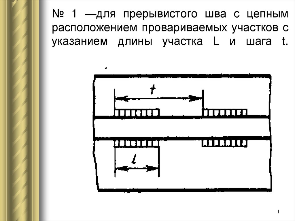 № 1 —для прерывистого шва с цепным расположением провариваемых участков с указанием длины участка L и шага t.