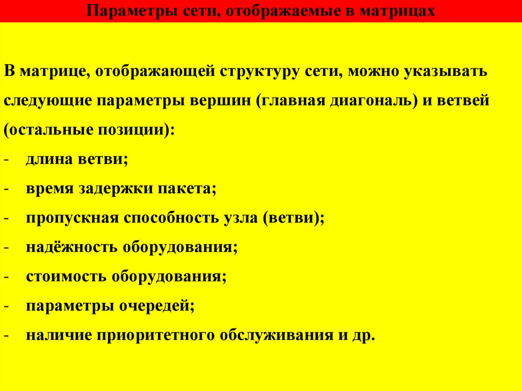 Параметры сети, отображаемые в матрицах