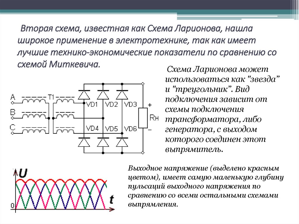  Вторая схема, известная как Схема Ларионова, нашла широкое применение в электротехнике, так как имеет лучшие