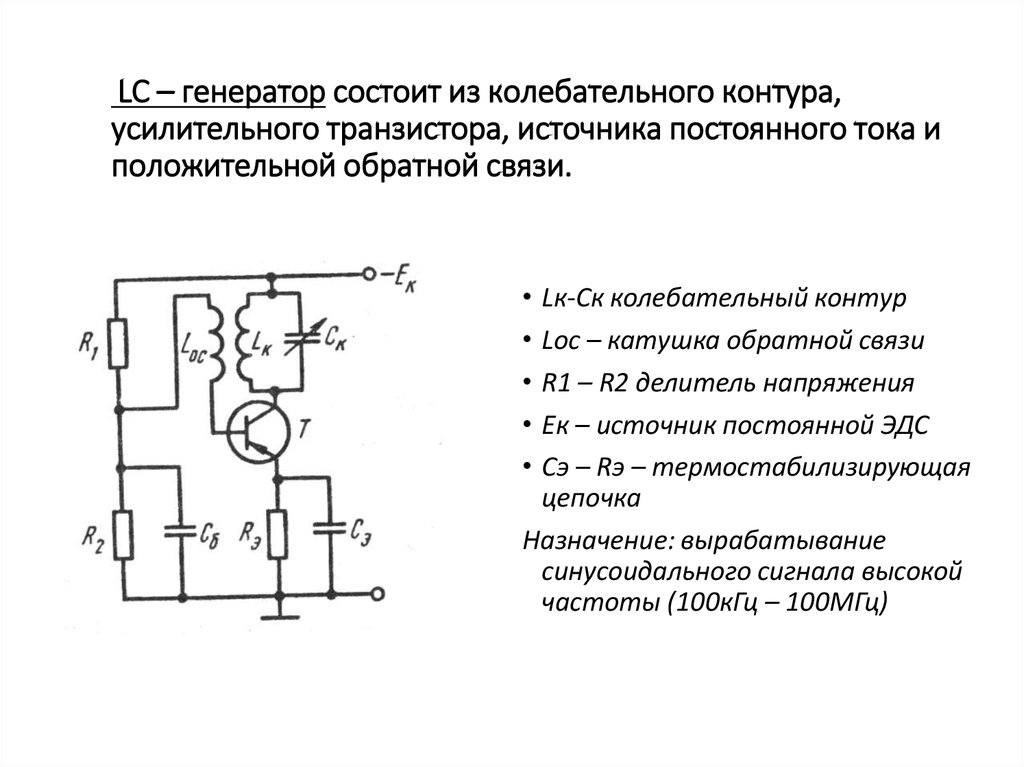 LC – генератор состоит из колебательного контура, усилительного транзистора, источника постоянного тока и положительной
