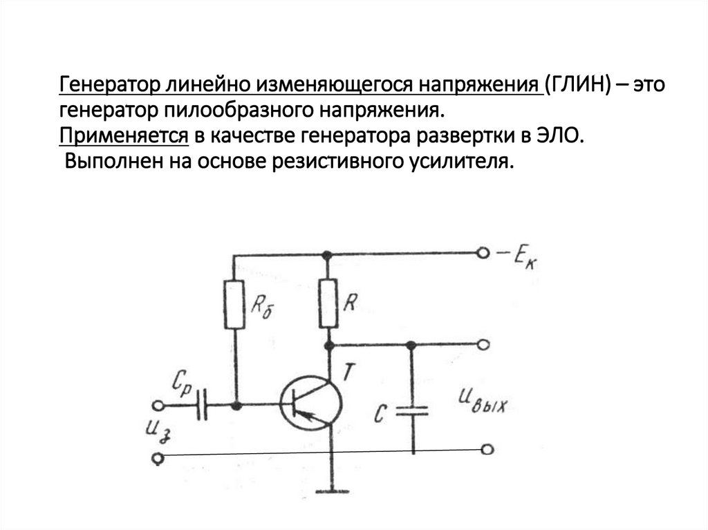 Генератор линейно изменяющегося напряжения (ГЛИН) – это генератор пилообразного напряжения. Применяется в качестве генератора