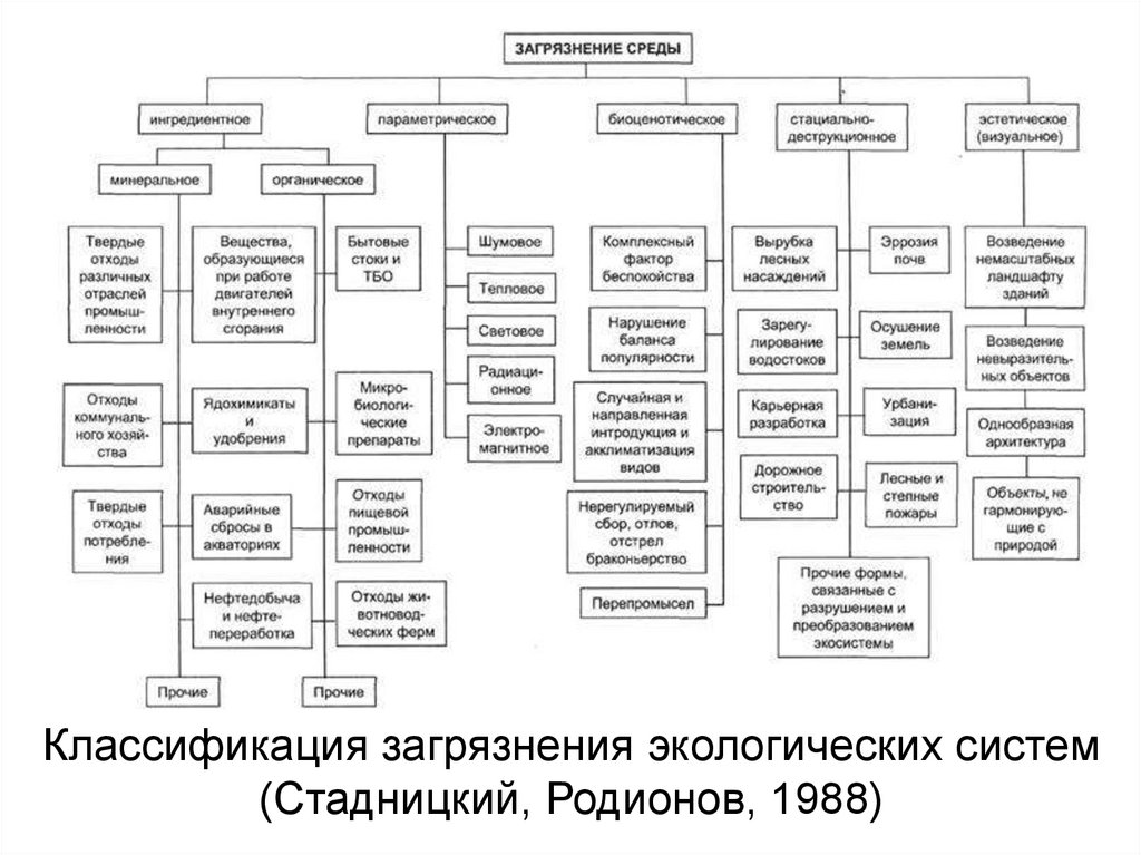 Классификация загрязнения экологических систем (Стадницкий, Родионов, 1988)