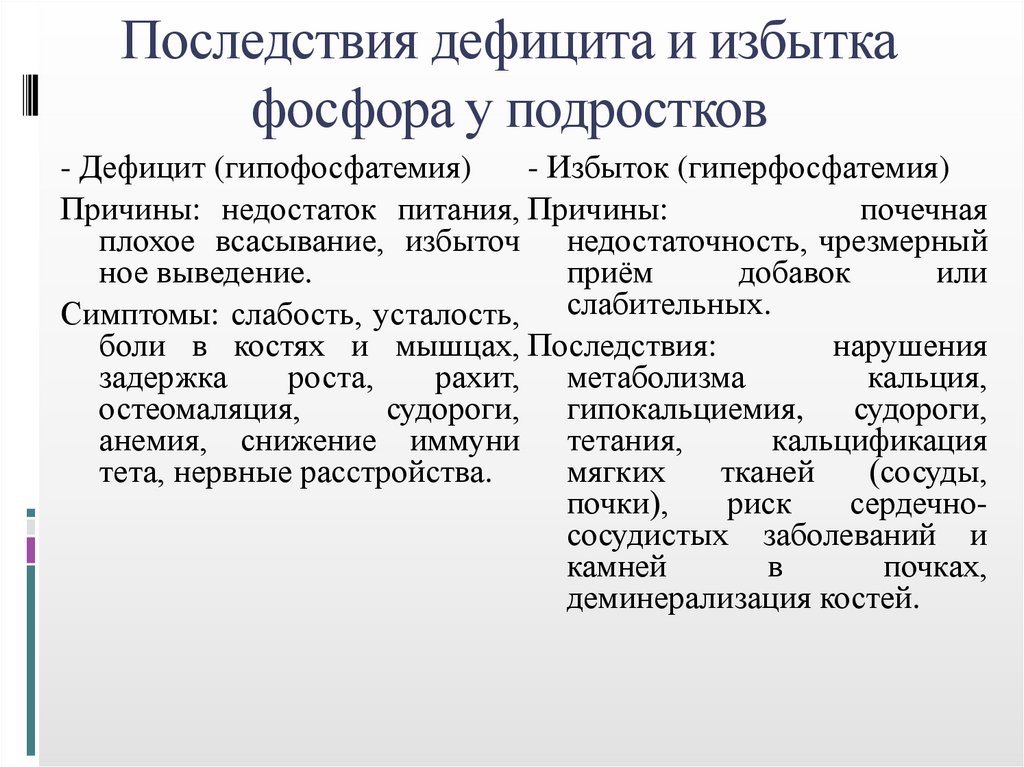 Последствия дефицита и избытка фосфора у подростков