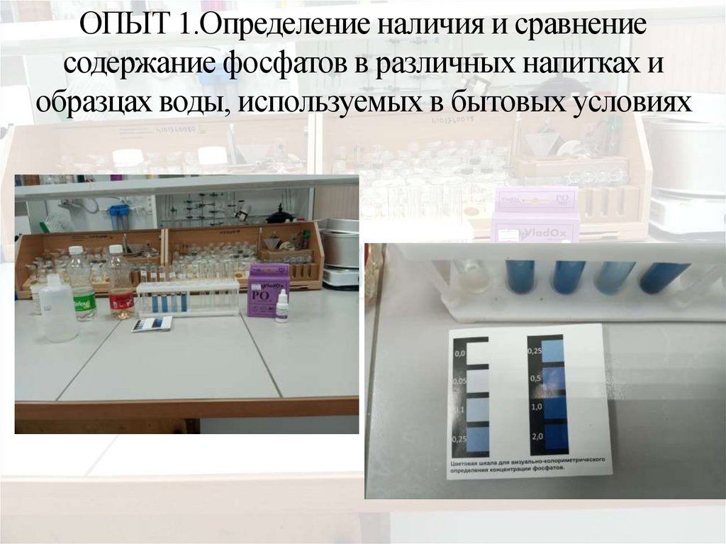 ОПЫТ 1.Определение наличия и сравнение содержание фосфатов в различных напитках и образцах воды, используемых в бытовых