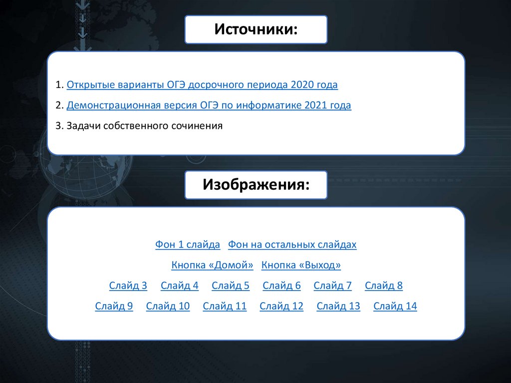 1. Открытые варианты ОГЭ досрочного периода 2020 года 2. Демонстрационная версия ОГЭ по информатике 2021 года 3. Задачи