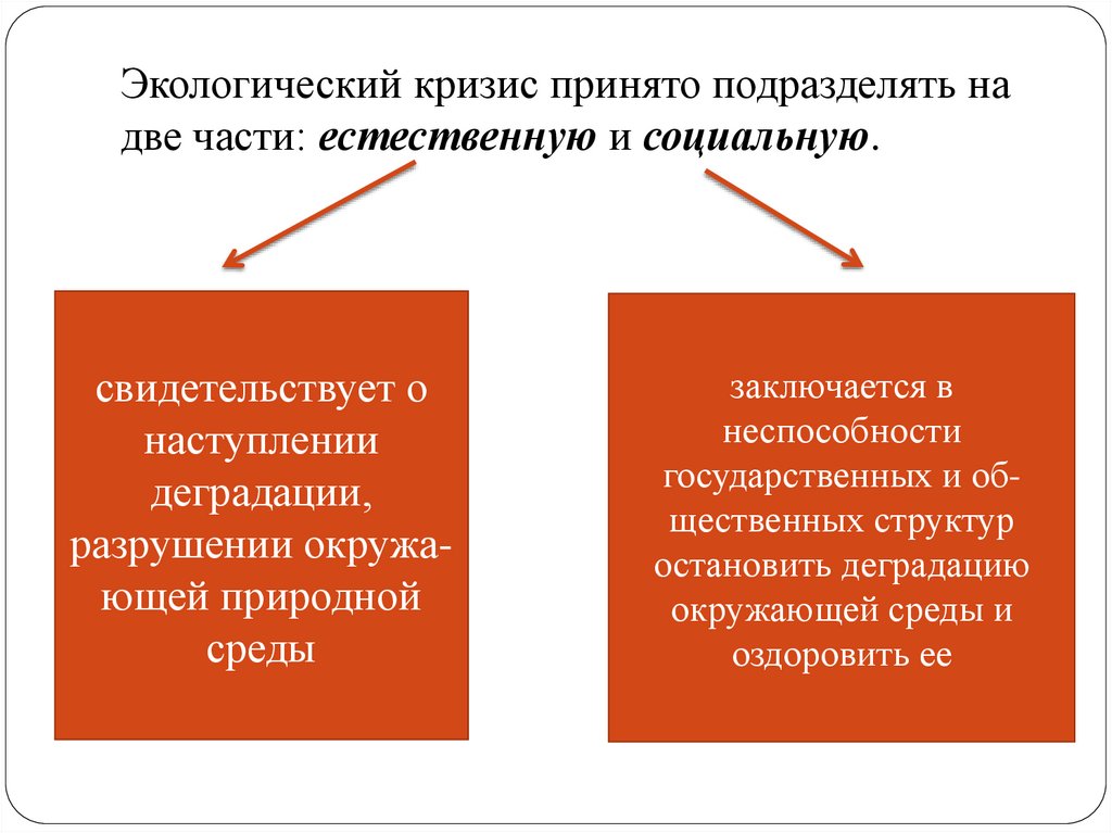 Экологический кризис принято подразделять на две час­ти: естественную и социальную.