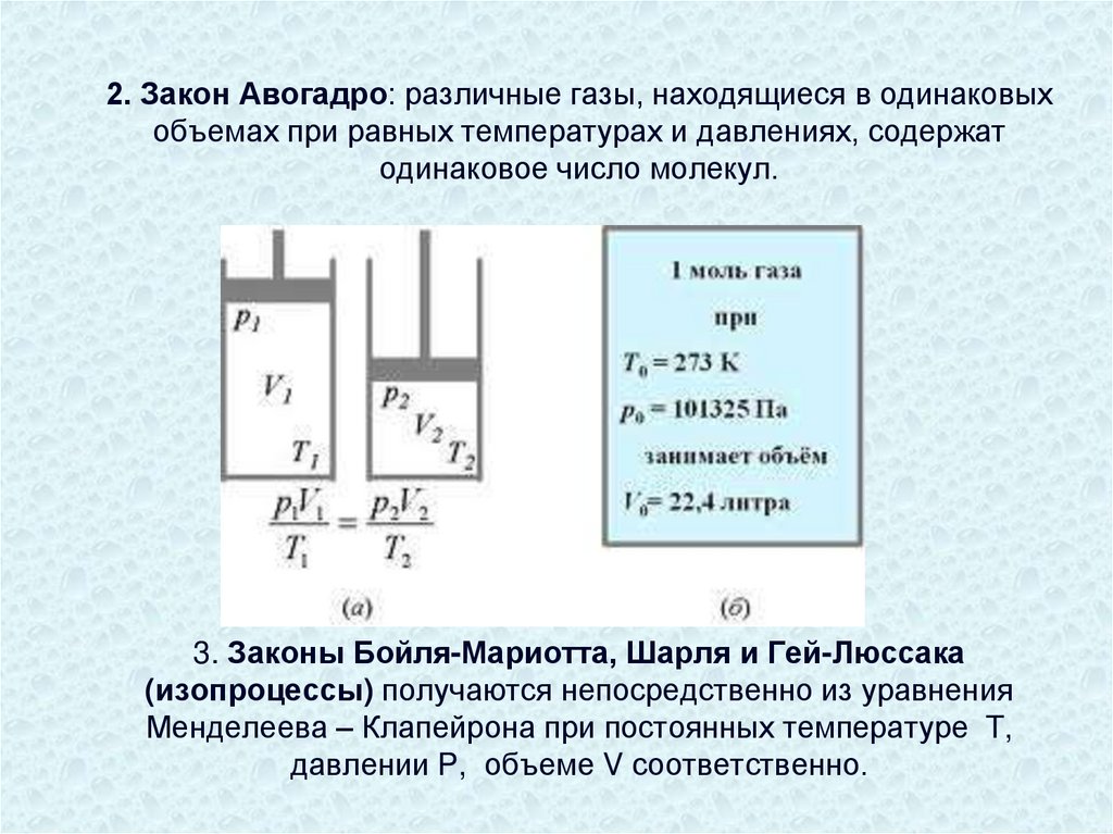 2. Закон Авогадро: различные газы, находящиеся в одинаковых объемах при равных температурах и давлениях, содержат одинаковое