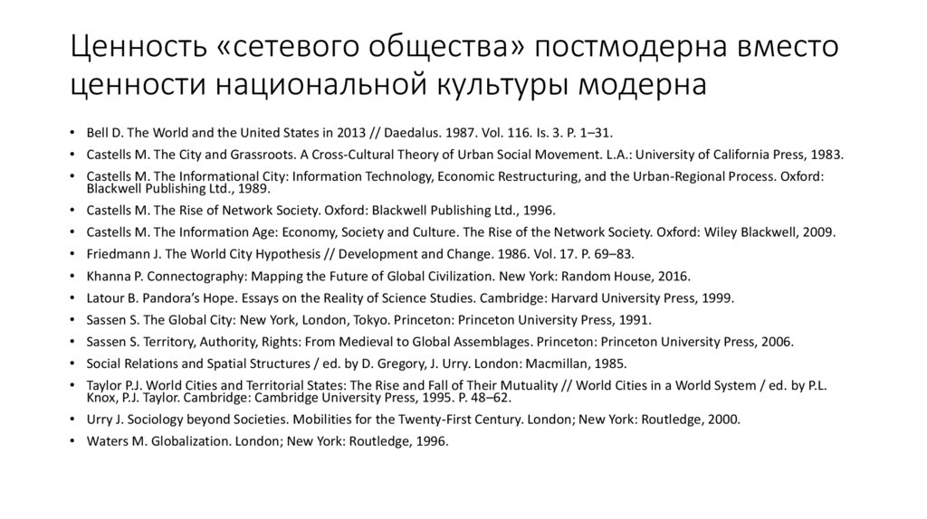 Ценность «сетевого общества» постмодерна вместо ценности национальной культуры модерна