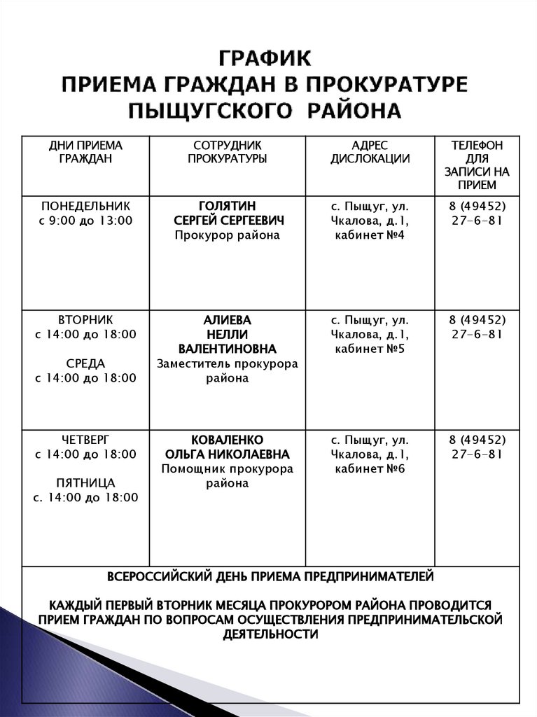 ГРАФИК ПРИЕМА ГРАЖДАН В ПРОКУРАТУРЕ ПЫЩУГСКОГО РАЙОНА