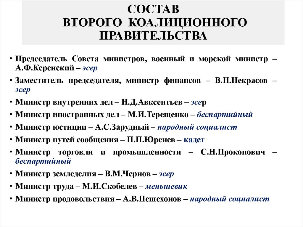 СОСТАВ ВТОРОГО КОАЛИЦИОННОГО ПРАВИТЕЛЬСТВА