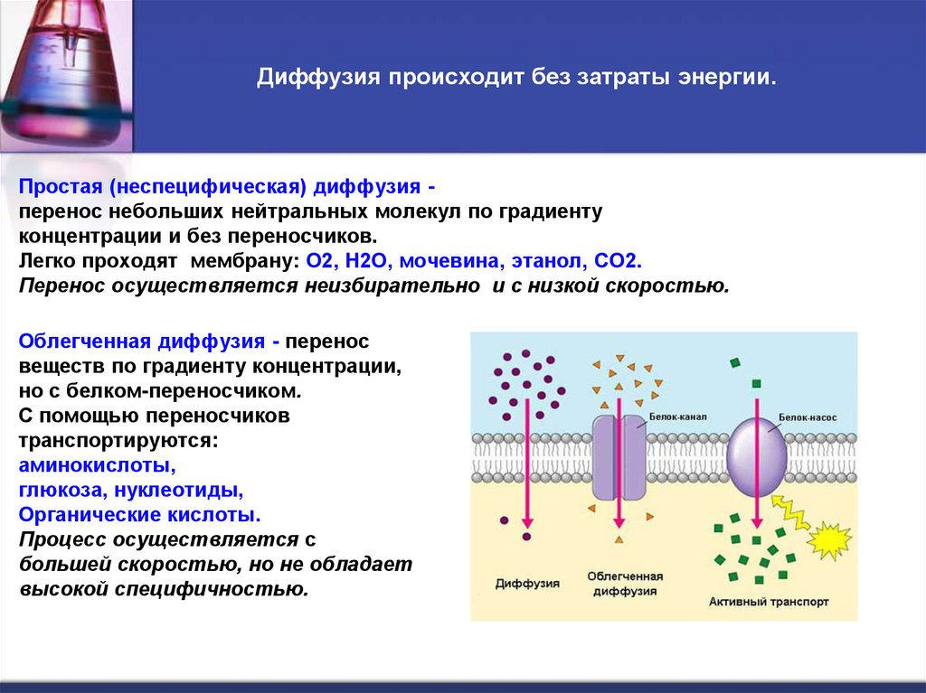 Диффузия происходит без затраты энергии.