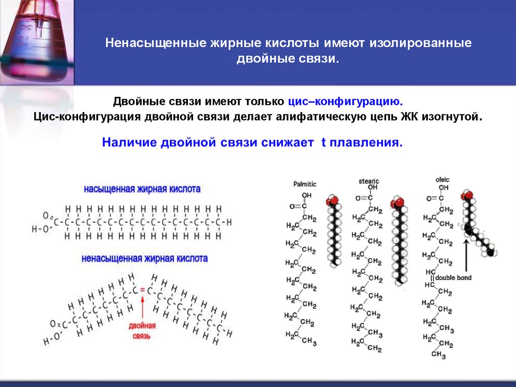 Ненасыщенные жирные кислоты имеют изолированные двойные связи.