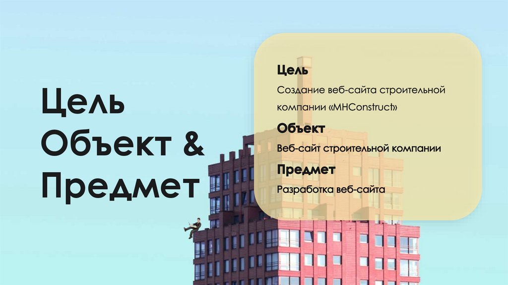 Цель Создание веб-сайта строительной компании «MHConstruct» Объект Веб-сайт строительной компании Предмет Разработка веб-сайта
