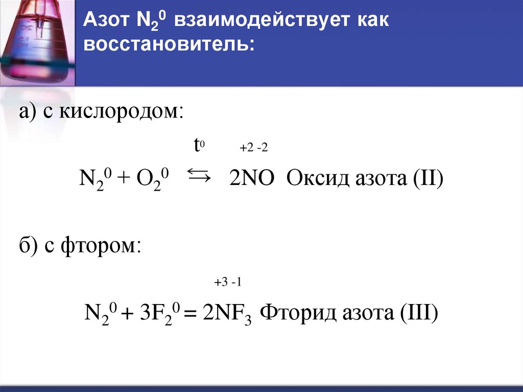 Азот N20 взаимодействует как восстановитель: