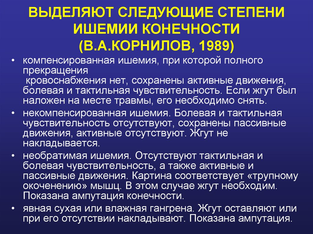 ВЫДЕЛЯЮТ СЛЕДУЮЩИЕ СТЕПЕНИ ИШЕМИИ КОНЕЧНОСТИ (В.А.КОРНИЛОВ, 1989)