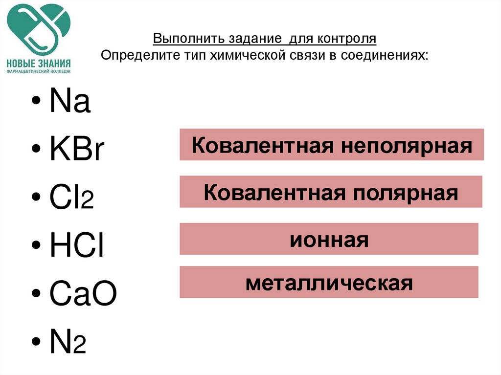 Выполнить задание для контроля Определите тип химической связи в соединениях: