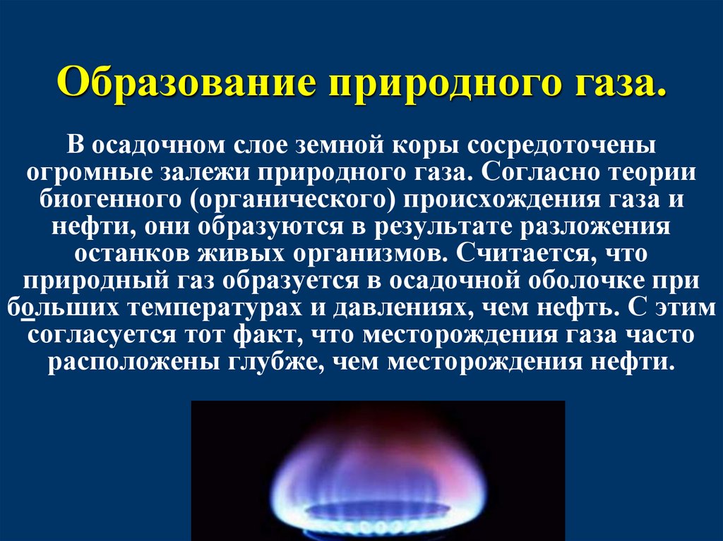 Образование природного газа. В осадочном слое земной коры сосредоточены огромные залежи природного газа. Согласно теории