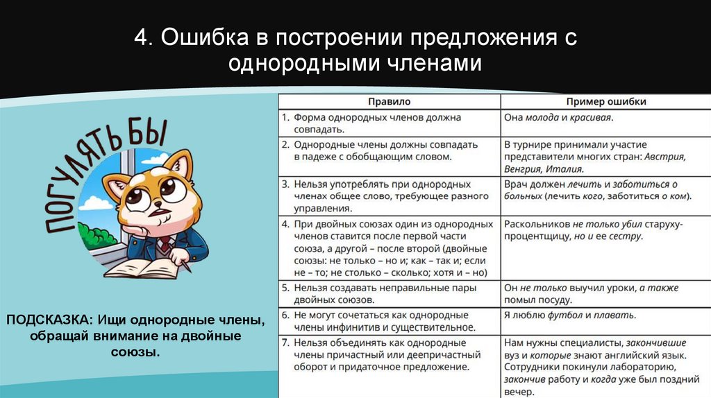 4. Ошибка в построении предложения с однородными членами