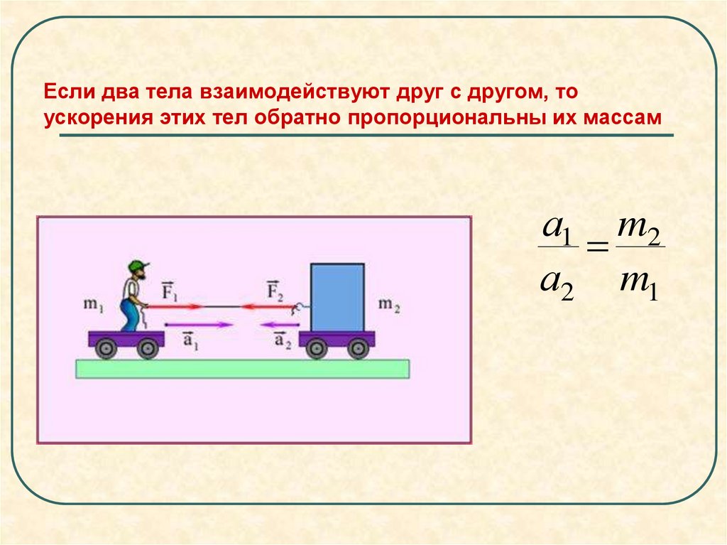 Если два тела взаимодействуют друг с другом, то ускорения этих тел обратно пропорциональны их массам