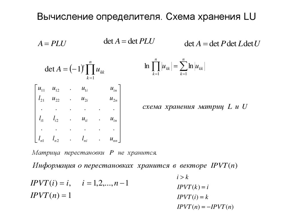 Вычисление определителя. Схема хранения LU