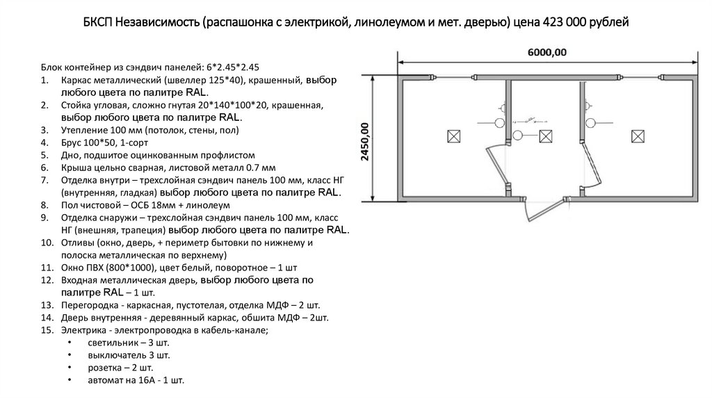 БКСП Независимость (распашонка с электрикой, линолеумом и мет. дверью) цена 423 000 рублей