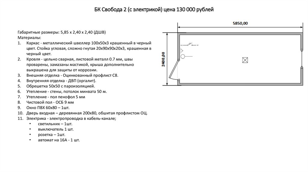 БК Свобода 2 (с электрикой) цена 130 000 рублей