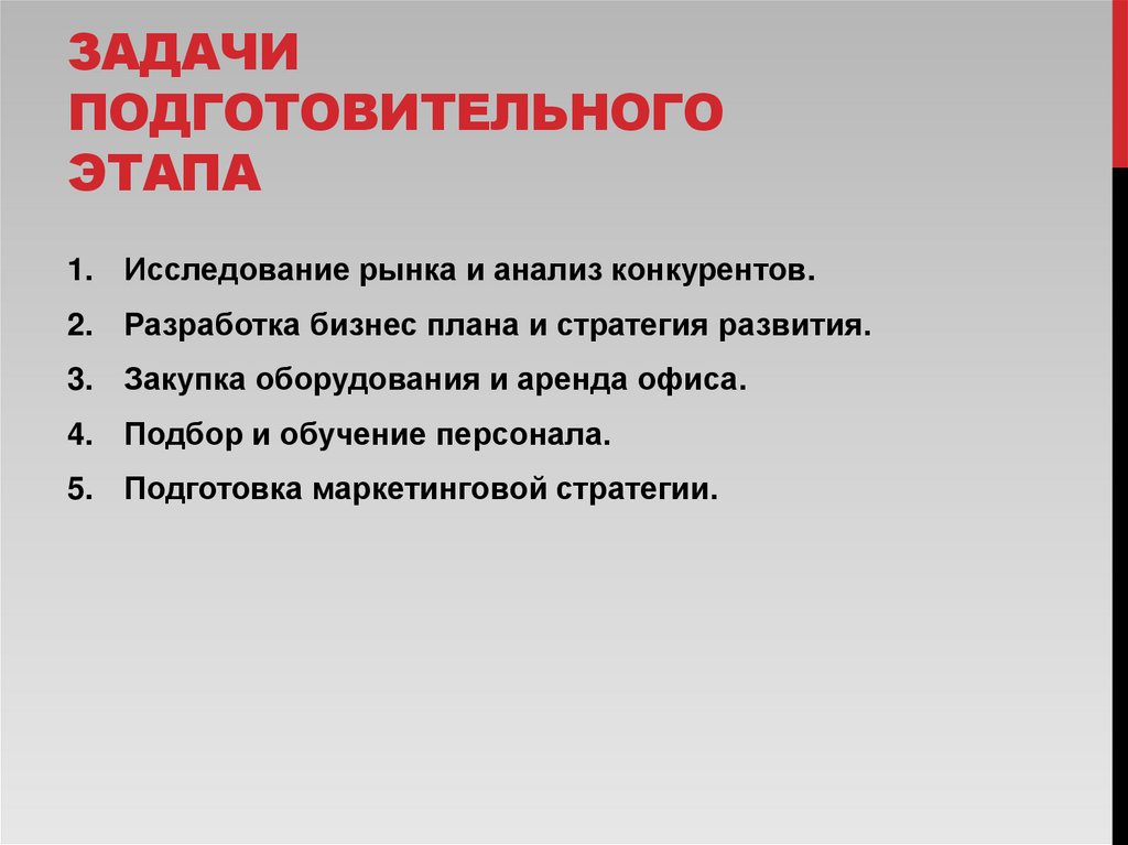 Задачи подготовительного этапа