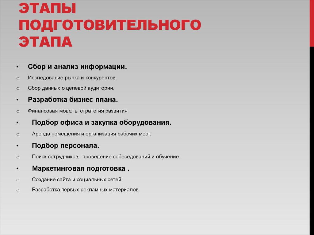 Этапы подготовительного этапа