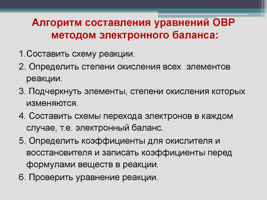 Алгоритм составления уравнений ОВР методом электронного баланса: