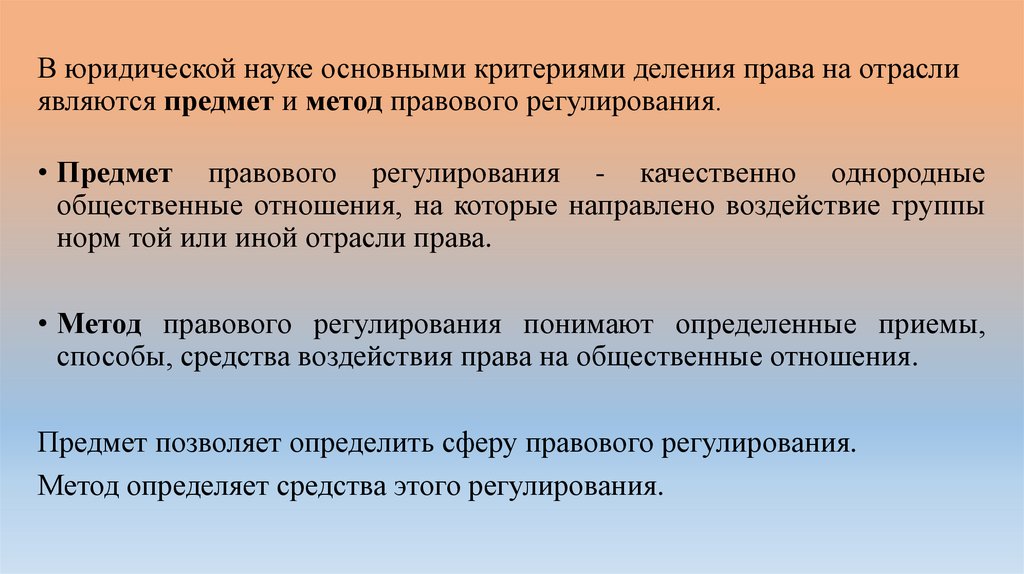 В юридической науке основными критериями деления права на отрасли являются предмет и метод правового регулирования.