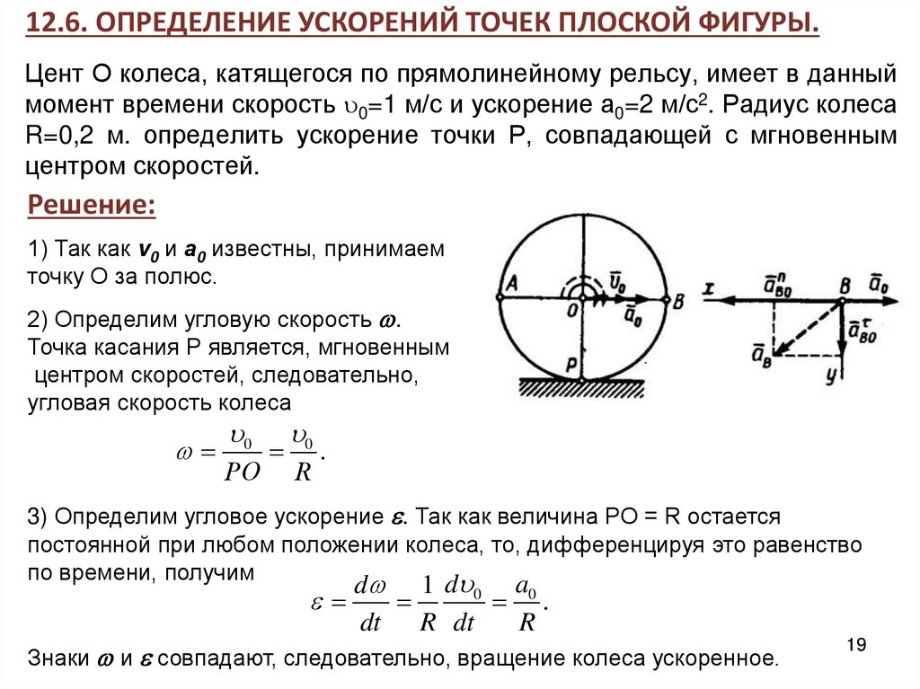Цент О колеса, катящегося по прямолинейному рельсу, имеет в данный момент времени скорость 0=1 м/с и ускорение а0=2 м/с2.