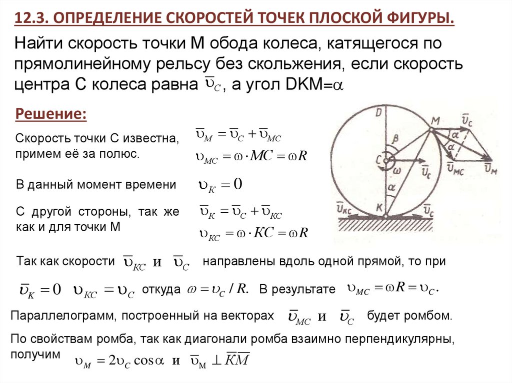 Найти скорость точки М обода колеса, катящегося по прямолинейному рельсу без скольжения, если скорость центра С колеса равна ,