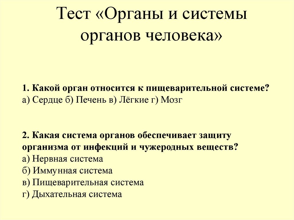 Тест «Органы и системы органов человека»