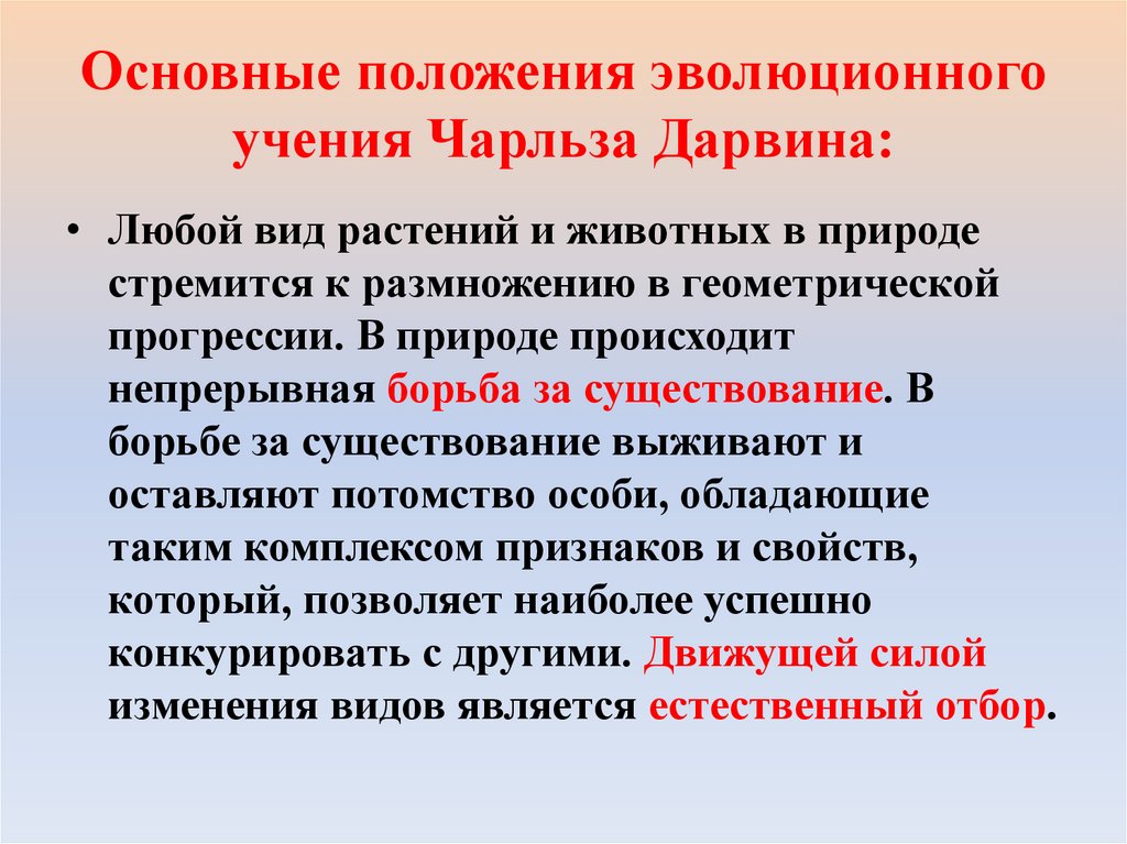 Основные положения эволюционного учения Чарльза Дарвина: