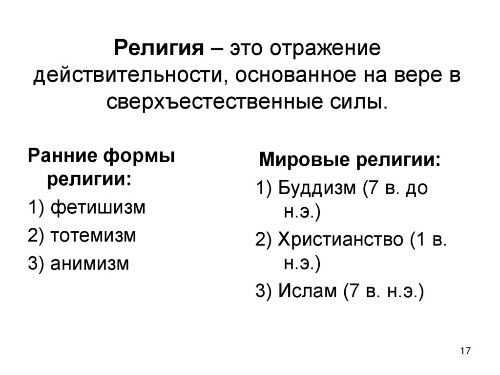 Религия – это отражение действительности, основанное на вере в сверхъестественные силы.